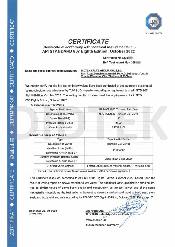 API Standard 607 Eighth Edition Certificate Of NPS4 CL1500 A105 Trunnion Ball Valve